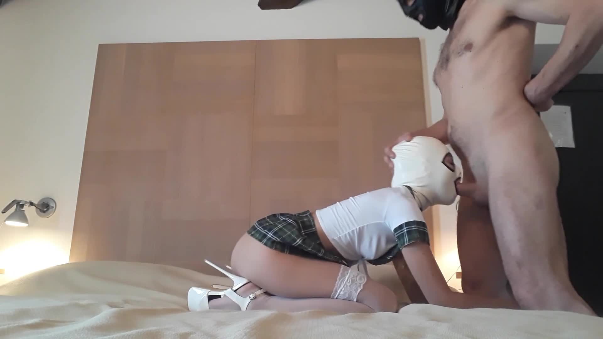 0099 - In an hotel bed Laura is wearing a schoolgirl dress with high heels, blowjob a massive cock (ph60c5ae1eaac6c)