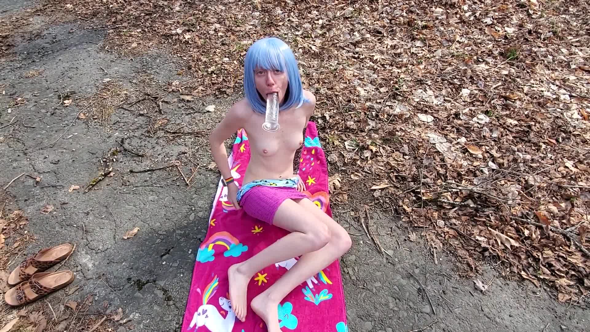2048.hk@Dirty Little Slut with Blue Hair Fucks Herself With a Clear Dildo in Public